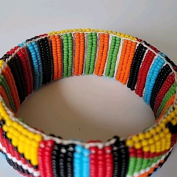 Vintage Handmade Kenya Maasai Glass Beaded Wide Bangle Bracelet Colorful Ethnic - Picture 5 of 8